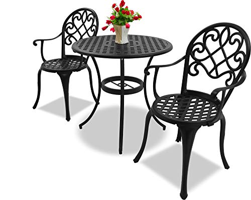 Homeology PREGO Garden & Patio Table & 2 Large Chairs with Armrests Cast Aluminium Bistro Set - Black