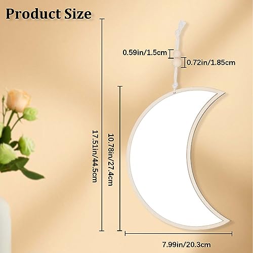 CREATCABIN Moon Wall Decor Mirror Acrylic Wall Hanging Decoration Mirror Pendant Wall Art Wall Mounted Mirror with Wool Wire Wood Beads for Home