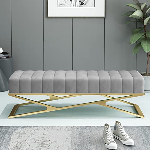Modern Velvet Upholstered Entryway Bench, X-Shaped Metal Base, Luxury Plush Bedroom Bench Seat, Decorative Tufted Accent Shoe Bench For Living Ro