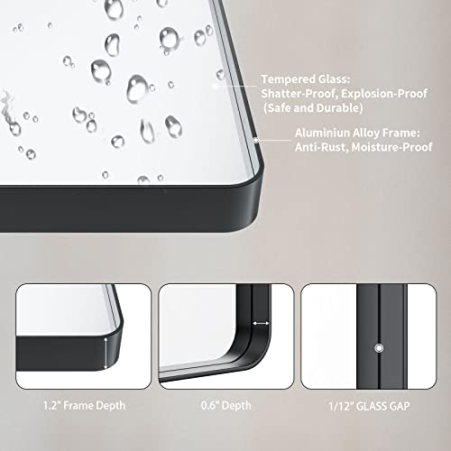 LOAAO 20X30 Inch Black Metal Framed Bathroom Mirror for Wall, Matte Black Bathroom Vanity Mirror Farmhouse, Large Rounded Rectangle Mirror, Anti-