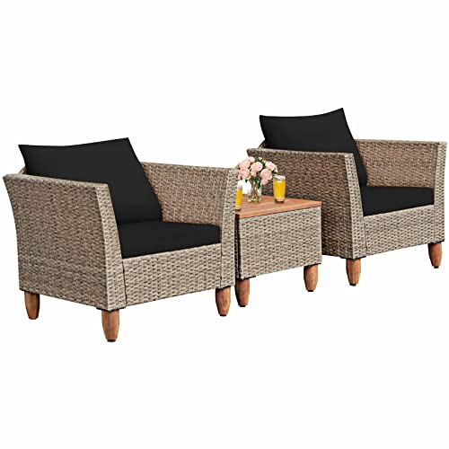 MIAOZI 3PCS Patio Rattan Bistro Furniture Set Wood Table Top Cushion Sofa Navy/Red/Black/Turquoise (Color : 3-Pack)