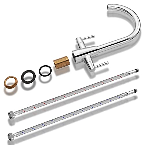 Pakuyi Kitchen Tap Dual Lever Kitchen Sink Taps Brushed Steel Kitchen Sink Mixer Tap High Arc Kitchen Faucet for Daily Use in Kitchen Living Room