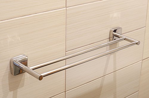 Kapitan Quattro Double Towel Bar Rail - 50 cm / 19.7 inches, Stainless Steel Square Style, Polished Finish AISI 304 18/10, Wall Mounted 3M Self A