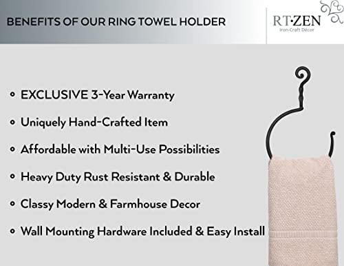 RTZEN Matte Black Towel Ring - Wrought Iron Swirl Towel Ring for Bathroom - Decorative Hand Towel Holder for Kitchen - Farmhouse Decor Black Bath