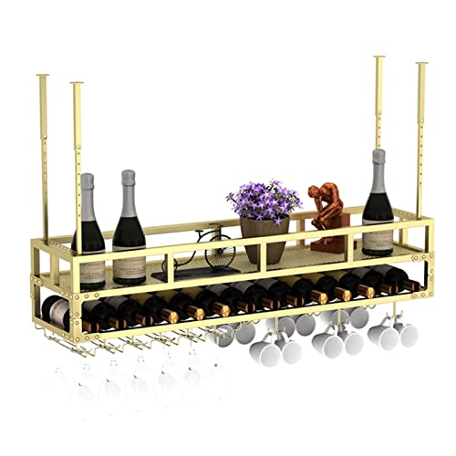 KEppd Hanging Wine Rack Ceiling Mounted Bottle Holder, Wine Glass Shelf Goblet Stemware Racks Floating Wine Shelf Adjustable Height and Width,Gol