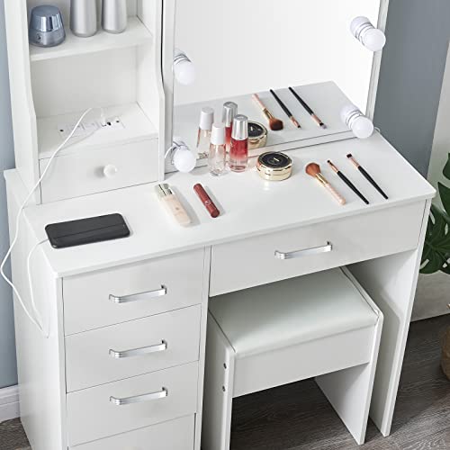 Vanity Desk, Makeup Vanity with Mirror and 10 LED Lights, Makeup Dressing Table with 6 Drawers and Chair, Vanity Table with 3 Lighting Modes for