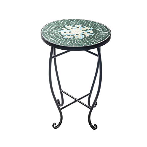 display4top Mosaic Round Outdoor Accent Table,Plant Flower Stand,Round Side Table (Green)