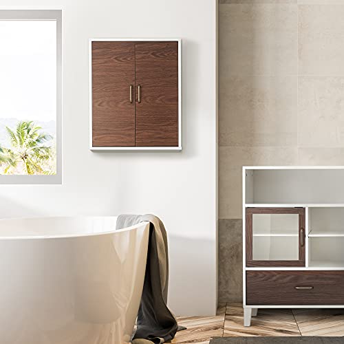 Teamson Home Wooden Bathroom Wall Cabinet, Wall Mounted Medicine Cabinet, Bathroom Storage, Walnut and White Colour, Two Doors and Adjustable She