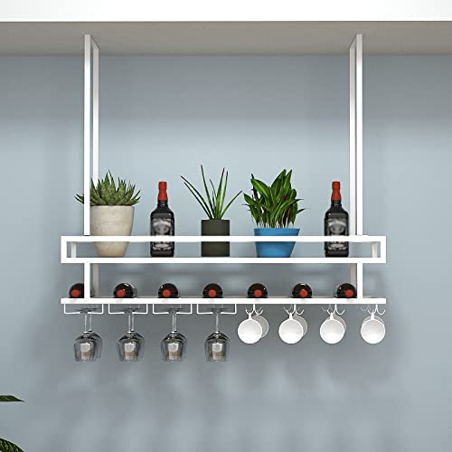 EYLINK Wine Storage Racks, Industrial Hanging Wine Rack with Glass Holder and Guard Rail, Ceiling Mount Floating Shelf 2 Tier, for Kitchen/Restau