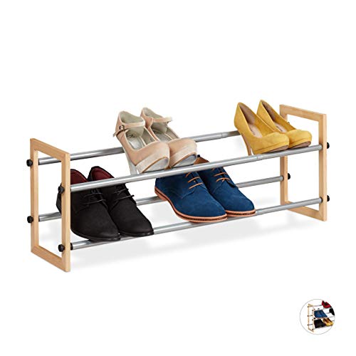 Relaxdays Extendible Shoe Rack, Open Storage Stand with 2 Tiers Wood & Iron, Up to 118 cm, Natural, iron, wood, Pack of 1