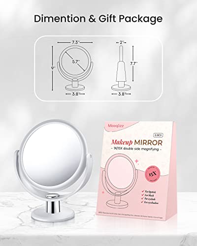 Magnifying Makeup Mirror, 1X 15X Double Sided Magnification Mirror, 360 Degree Rotation Table Mirror, White