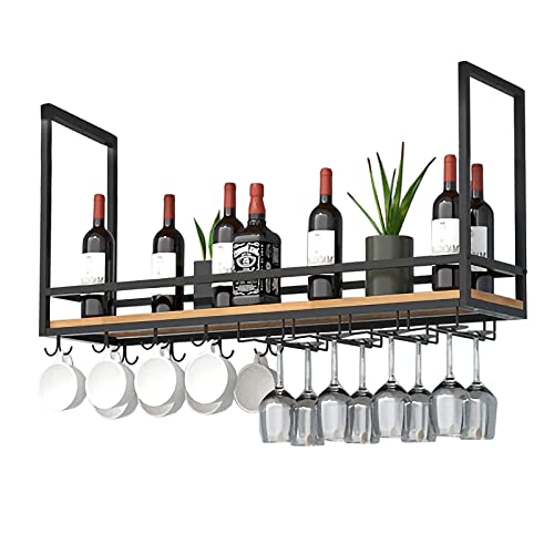 EYLINK Hanging Wine Rack with Glass Holder and Shelf, Industrial Vintage Bar Floating Shelf with Guardrail, Ceiling Mounted Hanging Wine Bottle H