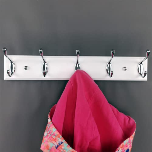 lomejii 5 Silver Hooks Wooden Wall Coat Rack, White 44 cm, Strong Hook Rack for Hanging Clothes, Hats, Backpacks, Great Modern Wardrobe for Entra