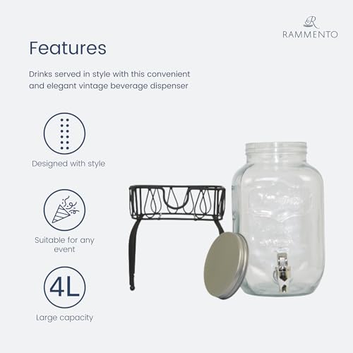 Rammento Vintage Glass Drinks Dispenser with Stand - 4L Thirst Quencher Dispenser Glass Still or Fizzy Drink Dispenser with Tap & Stand for Parti