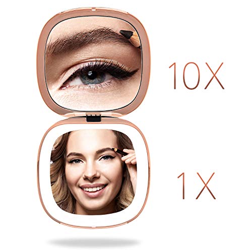 Fancii Rechargeable Compact Magnifying Mirror with Natural LED Lights, 1x/ 10x - Portable Lighted Handheld Makeup Mirror for Travel and Purses, M