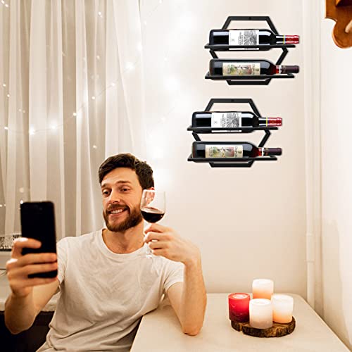 Giyiprpi 2Pcs Wall Mounted Wine Bottle Stemware Rack, Metal Hanging Wine Display Holder with 3 Stemware Glass Organizer, Red Wine Racks for Home