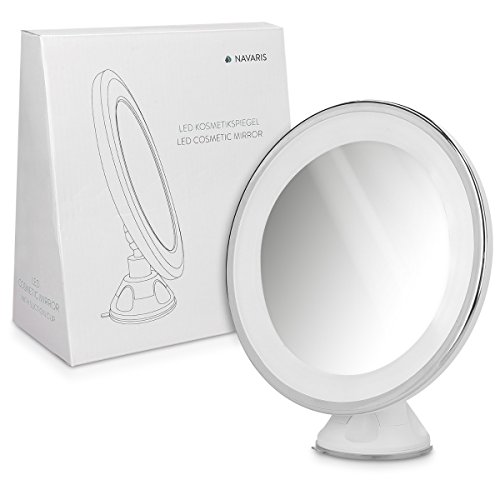 Navaris LED Magnifying Makeup Mirror - Cosmetics Mirror with Suction Cup, 7x Magnification, 360 Degree Swivel - Travel Bathroom Vanity Mirror - W