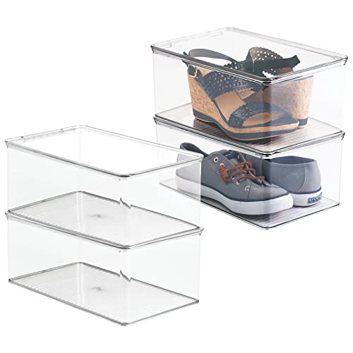 mDesign Storage Box Stackable - Shoe Storage With Lid - Stackable Shoe Box - Up to Shoe Size 42 - Shoe Organiser Made of Durable Plastic - Set of