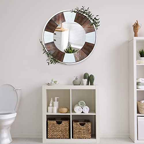 JJUUYOU Round Wall Mirror 19" Wooden Circular Mirror for Bathroom, Rustic Brown Vanity Mirror Wall Decor Wood Frame Make up Mirror for Living Roo