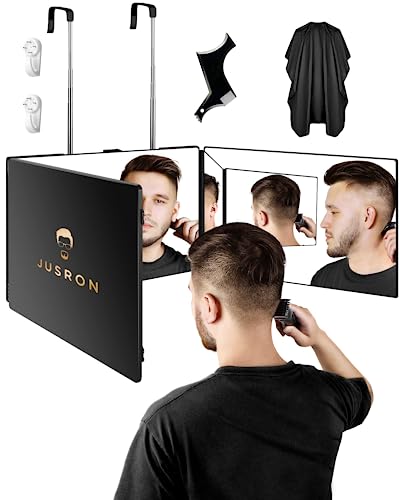 JUSRON 3 Way Mirror for Hair Cutting, 360° Mirror with Adjustable Hooks for Door, Portable Trifold Barber Mirror for Makeup, Cut, Trim and Shave
