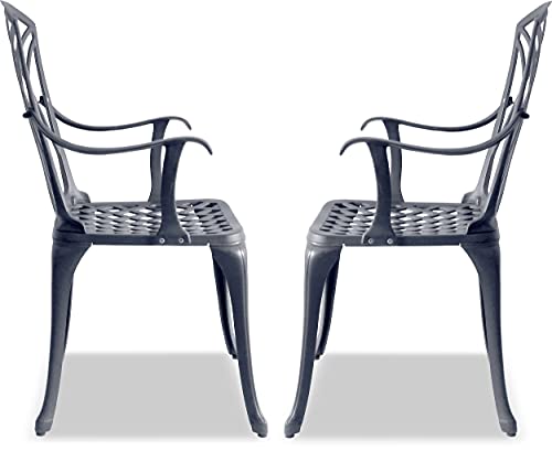 Homeology Oshowa 2-Large Garden & Patio Bistro Chairs with Armrests in Cast Aluminium Grey