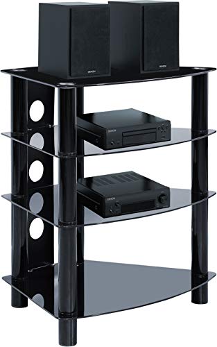 Centurion Supports LARISA 4-Shelf Curved Tru-Corner Premium Gloss Black Glass with Black Legs AV Rack