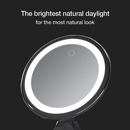 Fancii 10X Magnifying Makeup Mirror with LED Lights - Dimmable True Natural Daylight, USB & Battery, Strong Suction Cup, 20cm Wide - Luna (Silver