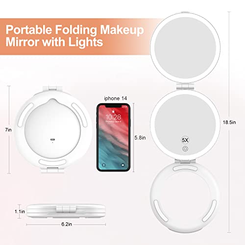 FUNTOUCH Rechargeable Makeup Mirror with Lights, Lighted Makeup Beauty Mirror with 1X/5X Magnification, 3 Colour Lighting, Dimmable Touch Screen