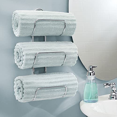 mDesign Wall Mounted Towel Storage Rack - Metal Towel Hanging Rail - Hanging Towel Holder for Bathroom - Silver