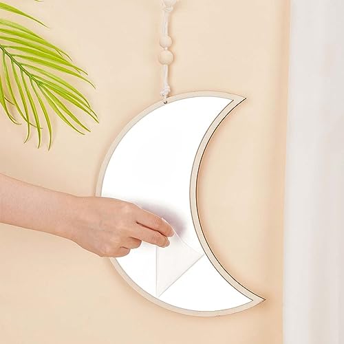 CREATCABIN Moon Wall Decor Mirror Acrylic Wall Hanging Decoration Mirror Pendant Wall Art Wall Mounted Mirror with Wool Wire Wood Beads for Home
