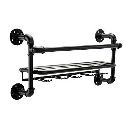 Industrial Wall Mounted Wine Rack-6 Bottle Metal Storage Holder-with 5 Stem Glass Holder -23inch