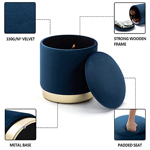 HNNHOME 37cm Round Velvet Ottoman Storage Box with Lid, Pouffe Seat Chair, Living Room Footstool, Bedroom Dressing Stool with Gold Plating Base (