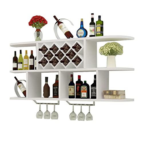 EYLINK Wall Mounted Wine Rack, Industrial Vintage Hanging Wine Shelf, Solid Wood Wine Rack with Stemware Glasses Holder, Multipurpose Storage Dis