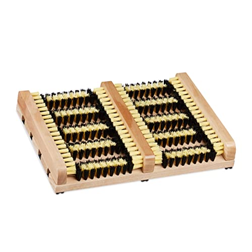 Relaxdays Outdoor Shoe Brush Mat, Non-Slip Base, Thick Bristles, Wooden Strip, Multi-Coloured, 5.5 x 36 x 26 cm