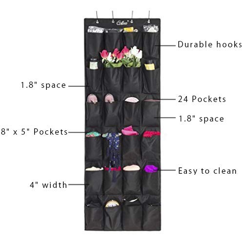 Colleer Shoe Organizer Over the Door 24 -Pocket Hanging Shoe Rack Door Shelf Hanger Holder Storage Bag (Black)