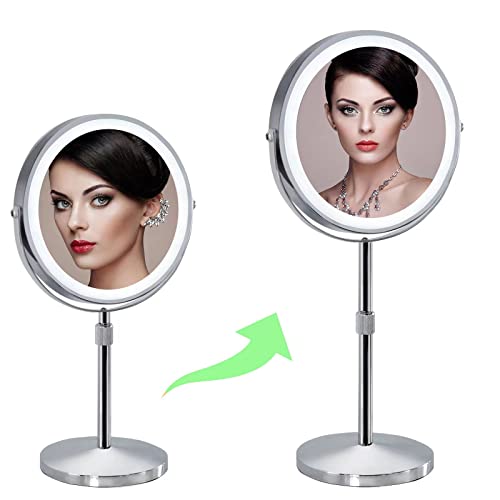 Lighted Magnifying Makeup Mirror with Lights,Height Adjustable,1x/10X Rechargeable Magnified Vanity Mirror with 3 Color Lights,360° Rotation Ligh