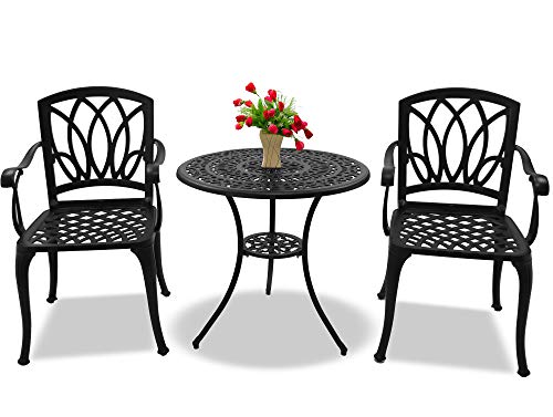 Homeology POSITANO Garden & Patio Table & 2 Large Chairs with Armrests Cast Aluminium Bistro Set - Black