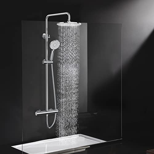 Rainsworth Thermostatic Shower Mixer Set, Height Adjustable Mixer Shower System with 25cm Round Overhead Rainfall Shower and High Pressure 3 Jets