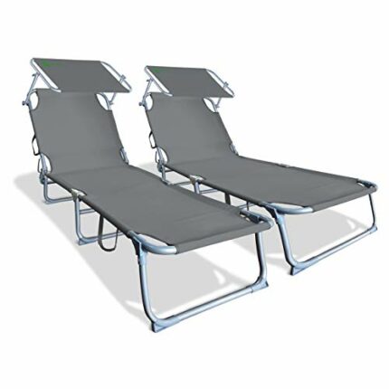 VOUNOT Folding Sun Loungers Set of 2, Sunbed with Adjustable Backrest & Sunshade for Garden, Beach, Patio, Pool, Camp, Load 110 kg, Grey