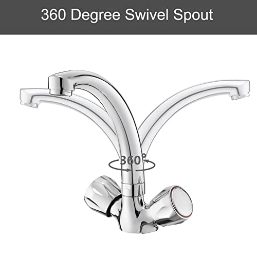 Kitchen Taps, BATHWEST Compact Kitchen Sink Tap, Dual Knob 360°Swivel Solid Brass Advanced Multi-Layer Chrome Modern Kitchen Mixer Tap with UK St