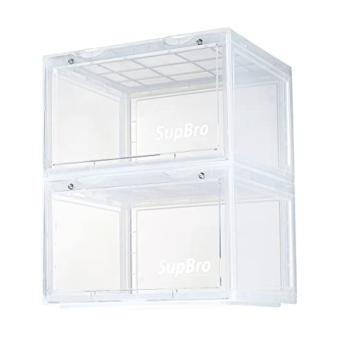 SupBro Collection Crate - Easy Access Storage Shoes Box -Plastic Foldable Stackable Sneaker Display Storage with Reflective Logo Clear Side Open
