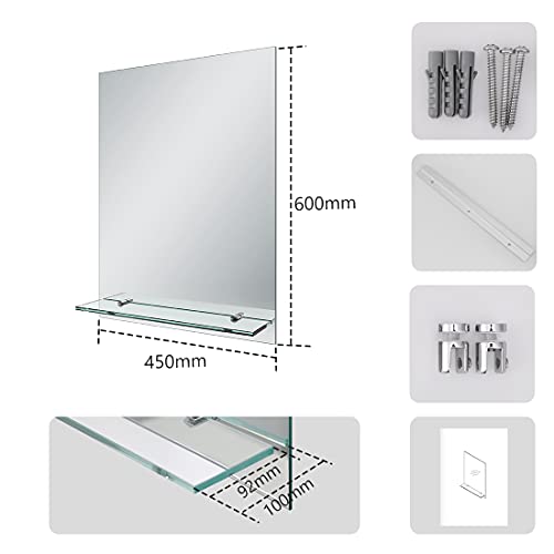 EMKE Bathroom Mirror with Shelf, 450x600mm Wall-Mounted Vanity Mirrors with Storage Frameless Lightweight Mirror, Bathroom Living Room Hanging Mi