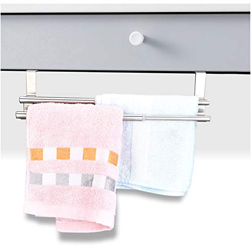 Over the Door Towel Rail,Double Layers Stainless Steel Telescopic Towel Holder for Cupboard Drawer Cabinet Rack Hanger Organizer Bathroom Kitchen