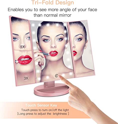 ESTOPE PRO Lighted Makeup Mirror 2X/3X Magnification Vanity Mirror Tri-fold Make up Mirror Table Mirror Pink