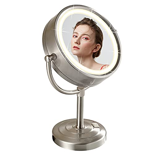 DOWRY Magnifying Mirror with LED Lights 10x Gold Illuminated Shaving Mirror Free Standing Mirror for Dressing Table 360 ° Rotatable Double Sided