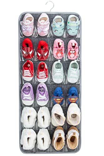 PACMAXI Over The Door Shoes Organizer for 12 Pairs of Baby Shoes Boys Girl, Hanging Baby Shoe Organizer with Hanger(Polyester Material-Grey)