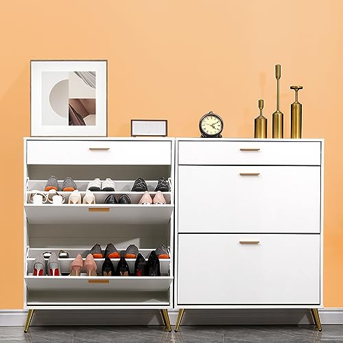 KUMIUNION Shoe Cabinet, Free Standing Shoe Rack Organizer with 2 Flip Drawers & Top Drawer, Modern Slim Narrow Shoe Storage with Metal Legs for E