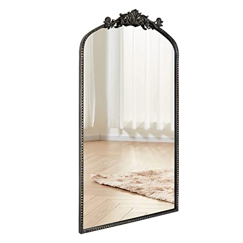 CASOLLY Traditional Retro Brush Black Gold Arch Wall Mirror, 19"x31" Carved Elegant Rectangle Vintage Mirror with Antique Ornate Frame, Baroque I