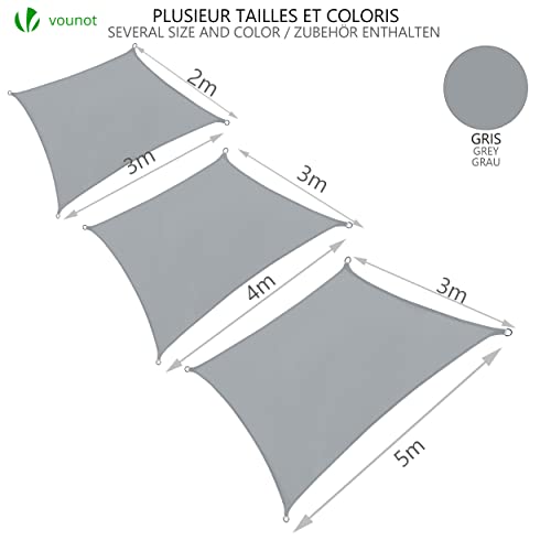 VOUNOT 3m x 5m Sun Shade Sail, Waterproof Outdoor Garden Sails Canopy Patio Party Sunscreen Awning 98% UV Block with Free Rope, Grey