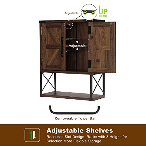 RUSTOWN Farmhouse Rustic Medicine Cabinet with Two Barn Door,Wood Wall Mounted 3-Tier Storage Cabinet with Adjustable Shelf and Towel Bar for Bat